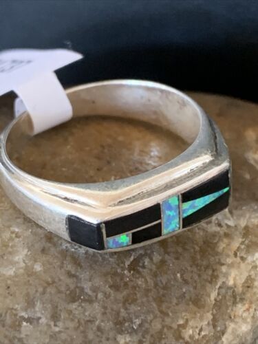 Navajo Multi-Color Opal & Black Onyx Inlay Ring | Sterling Silver | Sz 9.5 | 14677