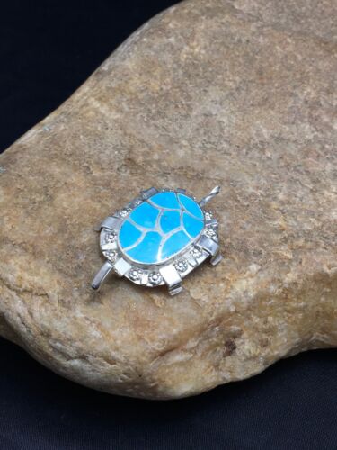 Authentic Native American Zuni Sterling Silver Turtle Pin Pendant | Blue Turquoise | Handmade | 2805