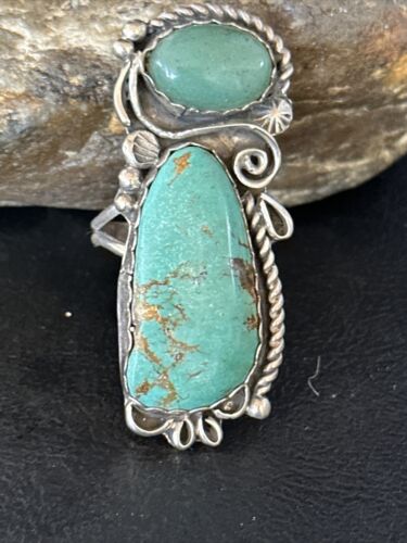 Navajo Green Turquoise Cluster Ring | Authentic Native American Sterling Silver | Multi-Stone | Sz 12 | 14696