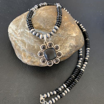 Navajo Pearl Necklace Pendant | Authentic Native American Sterling Silver Black Onyx | Multi-Stone | 22" | 12270