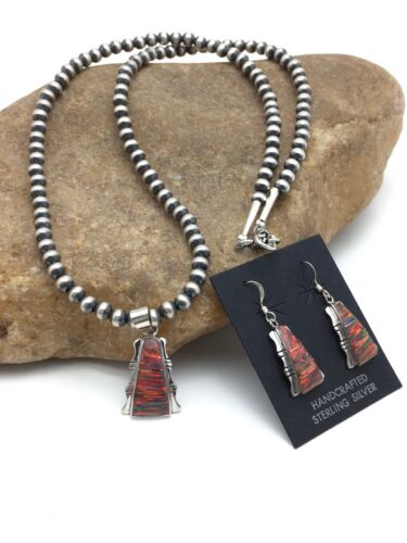 Navajo Opal Inlay Pendant Necklace & Earring Set | Sterling Silver | Authentic Native American Handmade | 3075