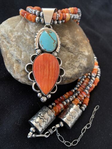 Navajo Pearl Necklace with Turquoise & Spiny Oyster Pendant | Sterling Silver | Multi-Strand | 1677