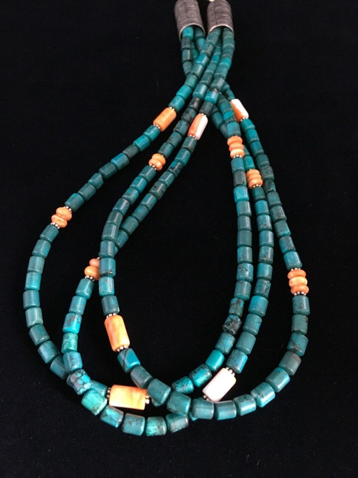 Navajo Sterling Silver Blue Spiderweb Turquoise Spiny Necklace | 3-Strand | 24" | 1774