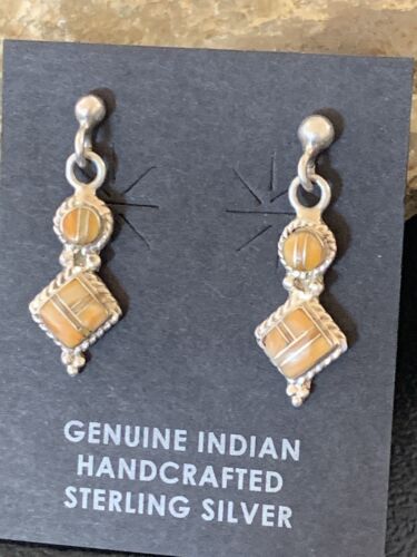 Minimalist Dangle Inlay Navajo Sterling Silver Orange Spiny Oyster Earrings | Handmade | 12679