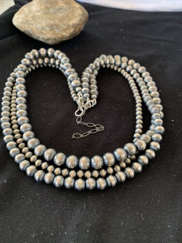 Navajo Sterling Silver 3-Strand Necklace | 6, 8, 10mm | 21" | 93921 - Masha USA
