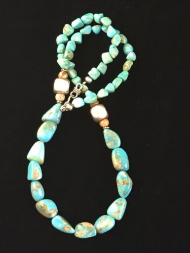 Men's Chunky Navajo Blue Green Turquoise Heishi Necklace | Sterling Silver | 19" | 10013