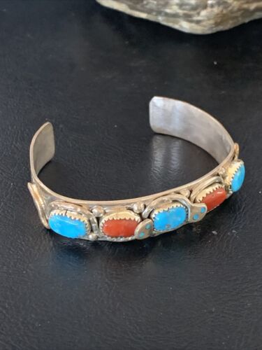 Navajo Sterling Silver Cuff Bracelet | Blue Kingman Turquoise & Coral | 5 Strand | Handmade | 12697