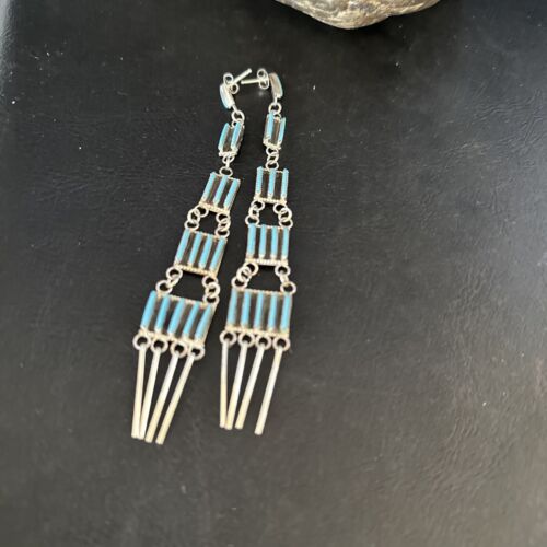 Zuni Kingman Turquoise Needle Point Dangle Earrings | Sterling Silver | Authentic Native American Handmade | 14409