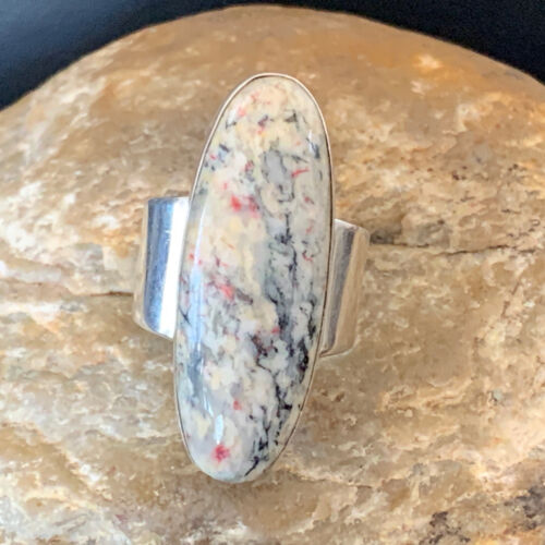 Navajo Men's White Black Cinnabrite Ring | Sterling Silver | Sz 7.5 | Authentic Native American Handmade | 1553