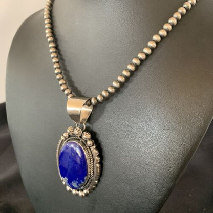 Native American Navajo Blue Lapis Pendant Necklace | Sterling Silver | Authentic Handmade | 11679 - Masha USA
