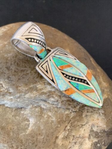 Navajo Spiny White Green Opal Inlay Pendant | Sterling Silver | Authentic Native American Handmade | 12482