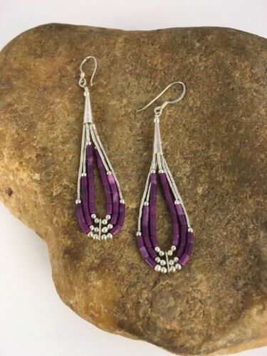 Native American Sugilite Heishi Tube Dangle Earrings | Sterling Silver | 2" | 8874