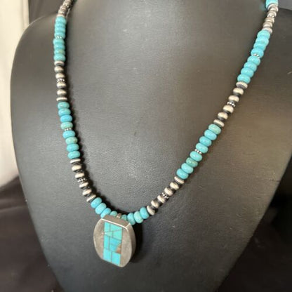 Navajo Blue Turquoise Inlay Pendant Necklace | Sterling Silver | 22" | Authentic Native American Handmade | 14602