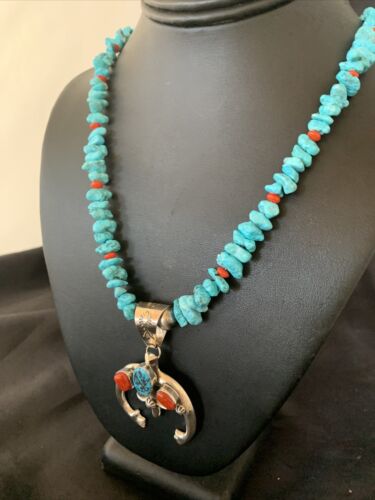 Navajo Sterling Silver Turquoise Coral Pendant Necklace | Authentic Native American Handmade | 11697