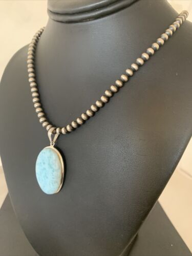 Navajo Blue Larimar Pendant Beads Necklace | Sterling Silver | Authentic Native American Handmade | 1763 - Masha USA