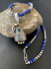 Men's  Navajo Pearls Lapis Azurite Pendant Necklace | Sterling Silver | Authentic Native American Handmade | 01928