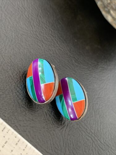 Navajo Multi-Color Turquoise Coral Inlay Earrings | Sterling Silver | Authentic Native American Handmade | 1716