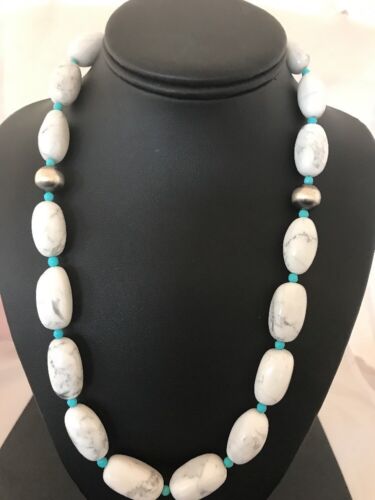 Navajo White Howlite Turquoise Beads Necklace | Sterling Silver | 22" | Authentic Native American Handmade | 10241