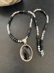 Native American Men's Navajo Pearl Necklace Pendant | Sterling Silver Black Onyx | 11742