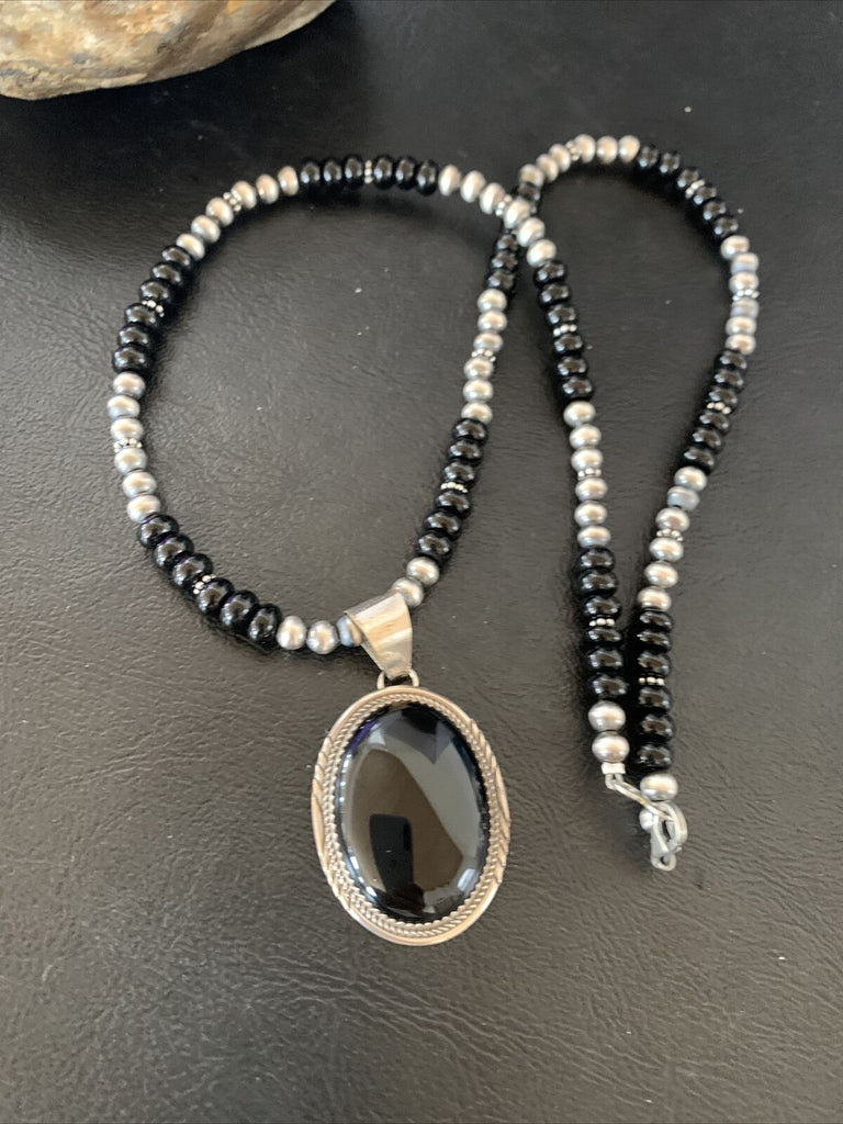 Native Mens Navajo Pearl Sterling Silver Black Onyx Necklace Pendant 11742