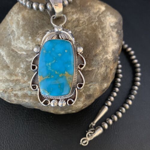 Men's Navajo Blue Kingman Turquoise Pendant Necklace | Sterling Silver | Authentic Native American Handmade | 13665