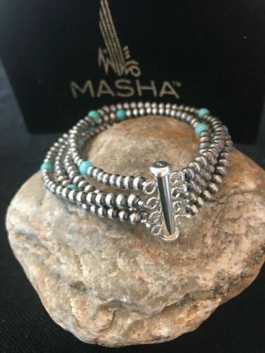 Native American Navajo Pearls Blue Turquoise Bracelet | Sterling Silver | 4-Strand