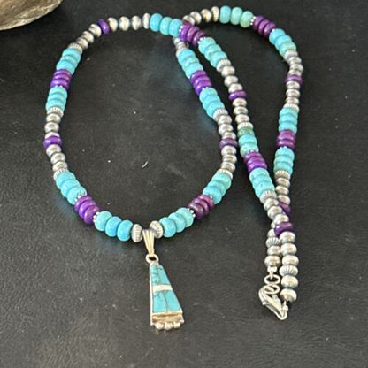 Navajo Blue Turquoise Sugilite Necklace Pendant | Sterling Silver Inlay | Authentic Native American Handmade | 14643