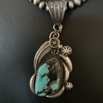 Navajo Pearl Necklace with Blue Spiderweb Turquoise Pendant | Sterling Silver | Native American Handmade | 13258