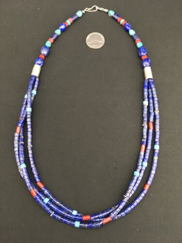 Southwestern Navajo Lapis Turquoise Necklace | 3-Strand | Sterling Silver | 24" | 1361