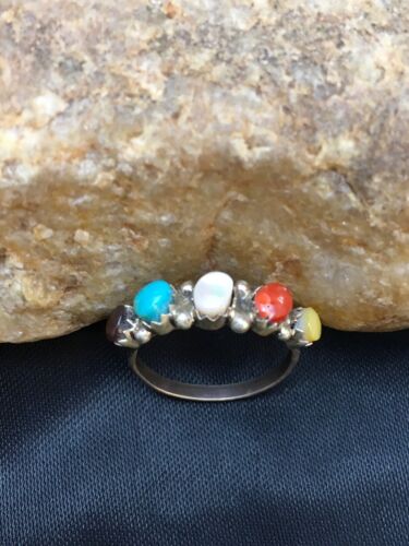 Zuni Blue Opal, Coral, Turquoise Multi-Stone Ring | Authentic Native American Sterling Silver | Multi-Stone | Sz 6.25 | 2501