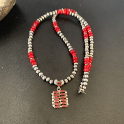 Southwestern Zuni Red Coral Corn Inlay Necklace Pendant | Sterling Silver | 21" | 12588