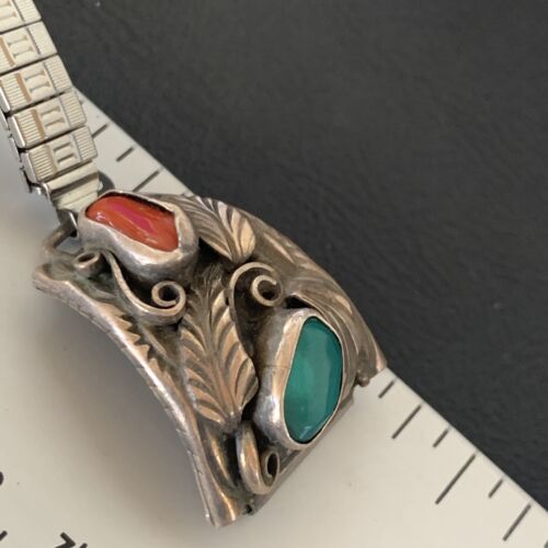 Navajo Sterling Silver Watch Tips | Old Pawn Turquoise & Coral Band | Authentic Native American Jewelry | 11931