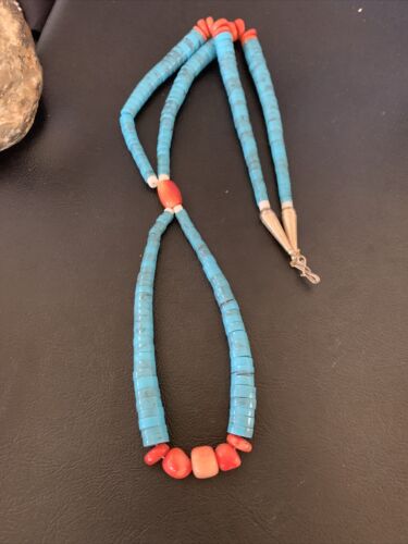 Southwestern Santo Domingo Pink Coral Blue Turquoise Jacla Necklace | 20" | Authentic Native American Handmade | 12516