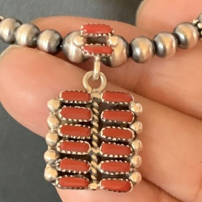Southwestern Zuni Red Coral Corn Inlay Necklace Pendant | Sterling Silver | 21" | 12588
