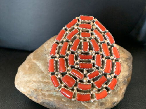 Navajo Red Coral Cluster Ring | Authentic Native American Sterling Silver | Multi-Stone | Sz 7 | 12231