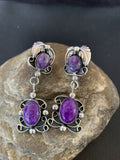 Navajo Purple Sugilite Dangle Post Earrings | Sterling Silver | 2" | Authentic Native American Handmade | 1524