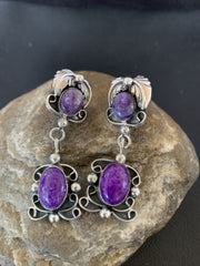 Navajo Purple Sugilite Dangle Post Earrings | Sterling Silver | 2" | Authentic Native American Handmade | 1524