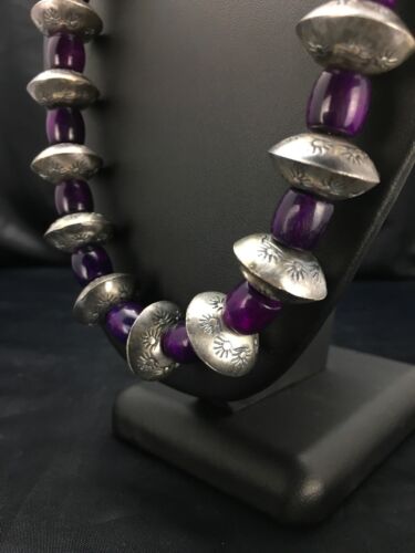 Navajo Sugilite Necklace | Sterling Silver Stamped Beads | 22" | Authentic Native American Handmade | 2702