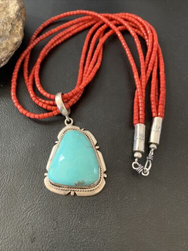 Navajo Red Coral Turquoise Bead Necklace Pendant | Sterling Silver | Multi-Strand | 1953