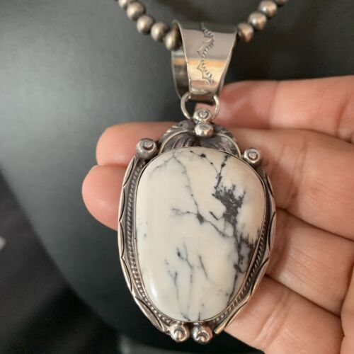 White Buffalo Turquoise Pendant Necklace | Sterling Silver | Navajo | Authentic Native American Handmade | 13992 - Masha USA
