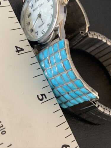Men's Zuni Sterling Silver Watch with Blue Turquoise Inlay Tips | Authentic Native American Jewelry | 2120