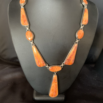 Navajo Lariat Necklace with Orange Spiny Oyster Pendant | Sterling Silver | 20" | Authentic Native American Jewelry | 13883