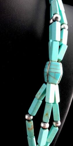 Navajo Blue Turquoise Sterling Silver Necklace | Inlay Pendant 24" | Native American Southwestern | 3360