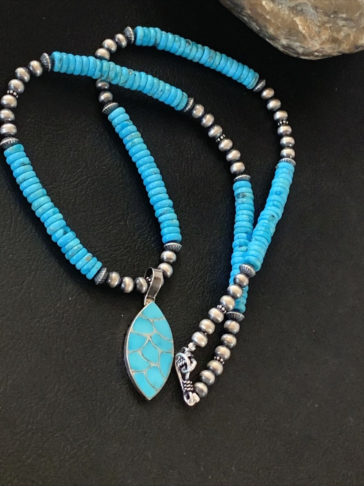 Zuni Blue Turquoise Necklace with Inlay Pendant | Sterling Silver | Authentic Native American Handmade | 02092