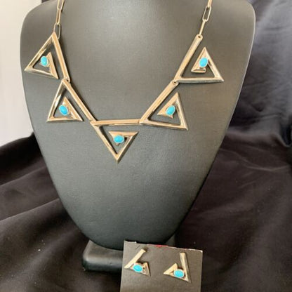 Navajo Squash Blossom Necklace & Earrings Set | Kingman Turquoise | Sterling Silver | Authentic Native American Handmade | 10926