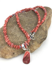 Navajo Spiny Oyster Pendant with Turquoise Pearls | Sterling Silver Necklace | Authentic Native American Handmade | 4890