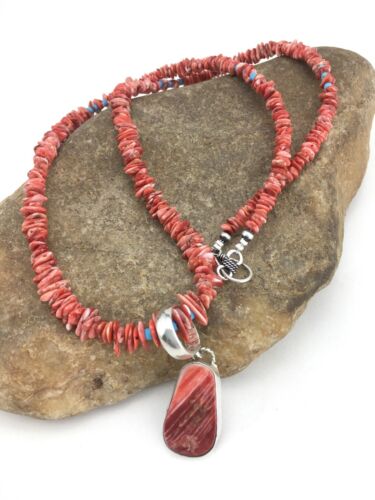 Navajo Spiny Oyster Pendant with Turquoise Pearls | Sterling Silver Necklace | Authentic Native American Handmade | 4890