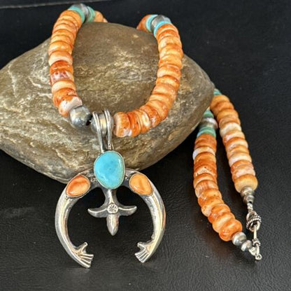 Navajo Blue Turquoise Spiny Oyster Naja Pendant Necklace | Sterling Silver | 18" | Authentic Native American Handmade | 14810 - Masha USA