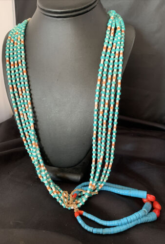 Native American Santo Domingo Spiny Blue Turquoise Shell Jacla Necklace | 5 Strand | 36" | 13188