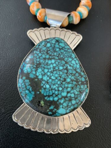 Navajo Spiny Oyster & Spiderweb Turquoise Necklace | Sterling Silver | Authentic Native American Handmade | 1757
